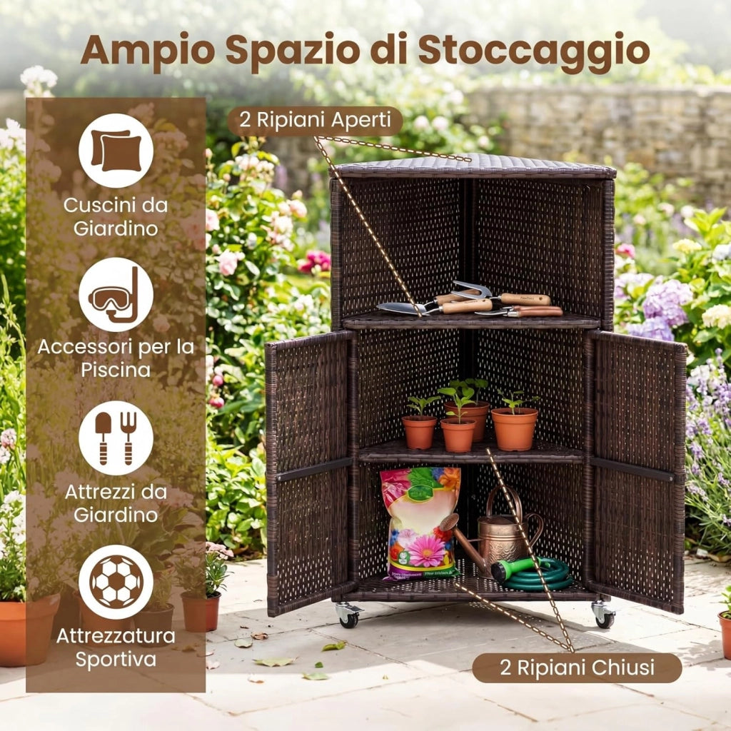Armadietto da Esterno Angolare, Armadio da Esterno in Rattan PE con Ruote Bloccabili, 2 Ripiani Aperti e 2 Ante, Credenza da Cucina per Giardino, Piscina e Terrazza, 66 x 47 x 111 cm
