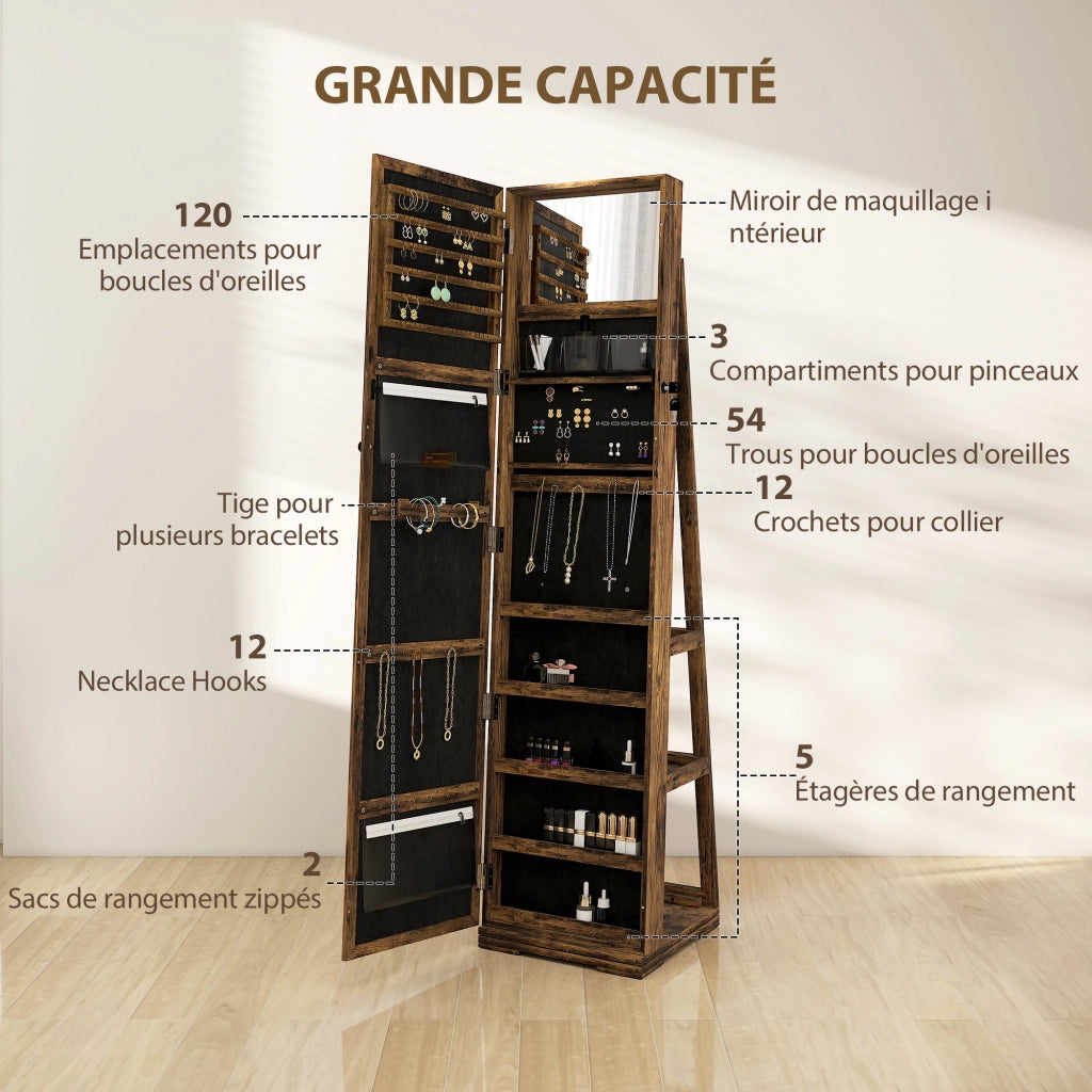 Armadio gioielli scorrevole con specchio ¨C zephmum ¨C marrone rustico 40x20x80