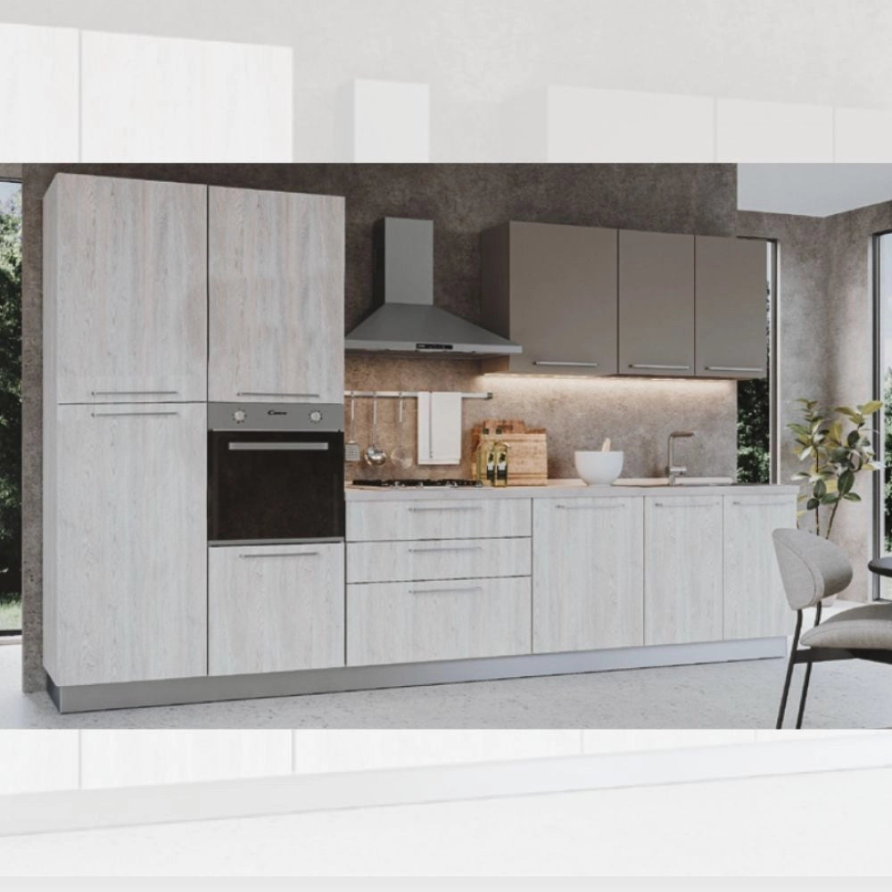 Cucina 360 cm con elettrodomestici Iris colore rovere virginia tortora