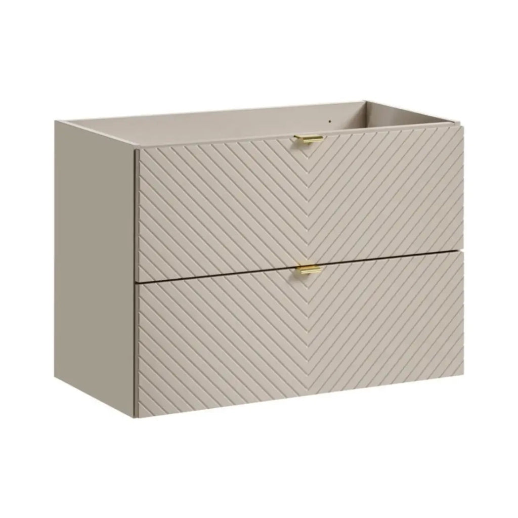 Mobile sottolavabo AOKI – 2 cassetti – Finitura beige cachemire con motivi a spina di pesce e maniglie dorate – L80 × P39 × H57 cm – Da appendere