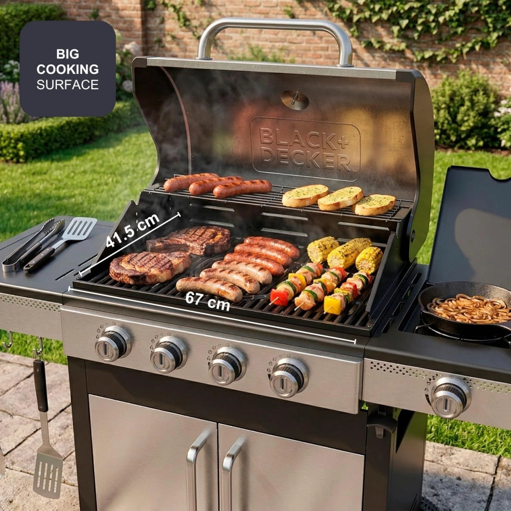 Black + decker bxog16550e barbecue inox a gas gpl con 4 bruciatori + 1 fornello laterale