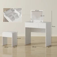 Tavolo da Trucco con Specchio Richiudibile, Tavolo da Trucco Moderno, con Sgabello, Vano Contenitore (4 Scomparti), MDF Bianco, 80x40x79 cm
