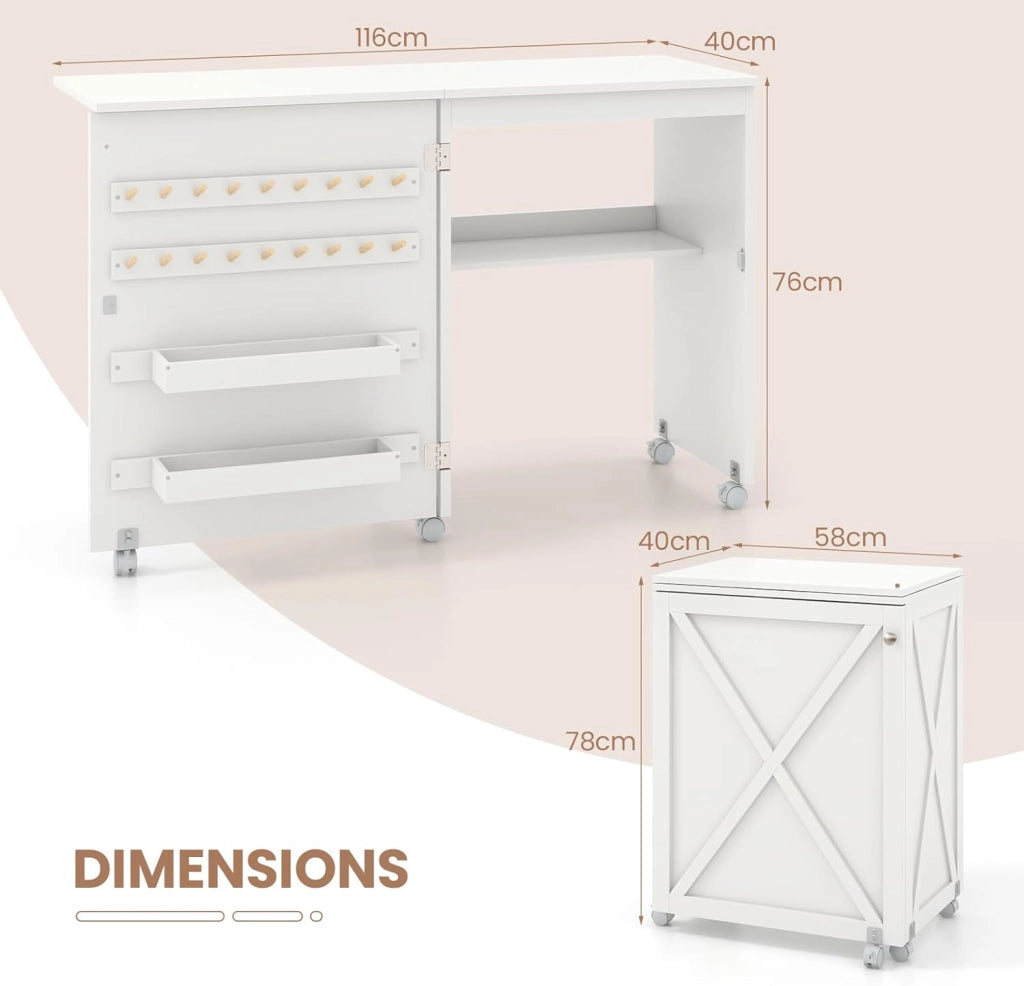 Tavolo Cucire con Ruote, Tavolino Cucito Pieghevole, Asse da Stiro Richiudibile, Mobile per Macchina da Cucire a Scomparsa, Allungabile a 3 Livelli, 58x40x78 cm, 2 Colori Disponibili
