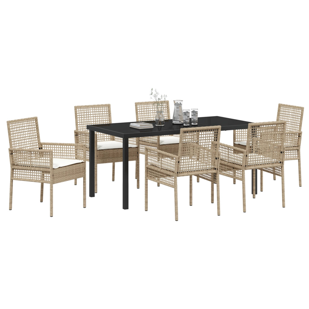 Set da Pranzo da Giardino da 7 Pezzi con Cuscini Beige Polyrattan