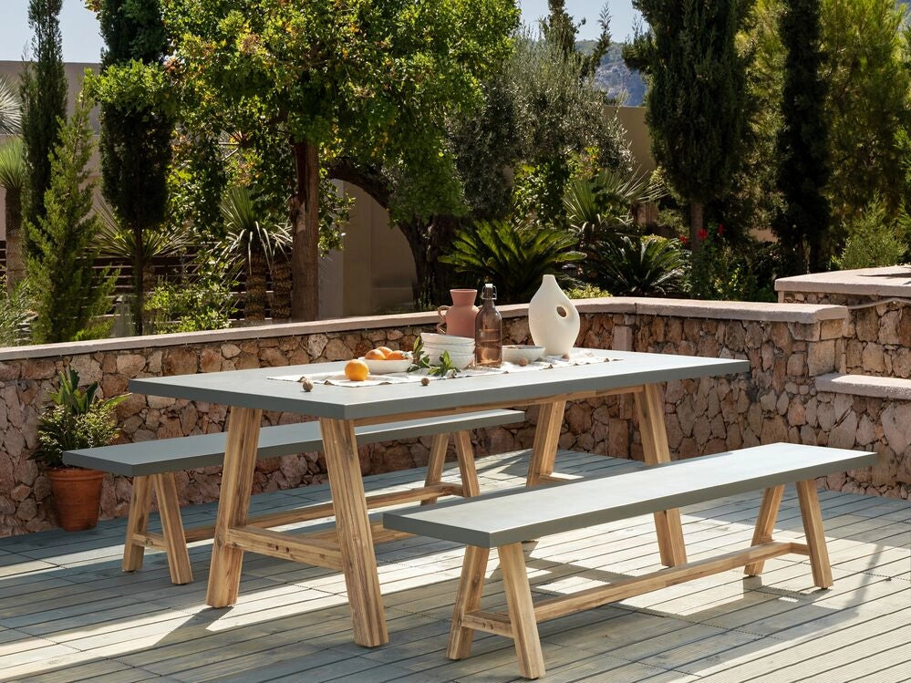 Set da giardino in cemento fibrocemento legno di acacia tavolo da pranzo 2 panche grigio stile industriale