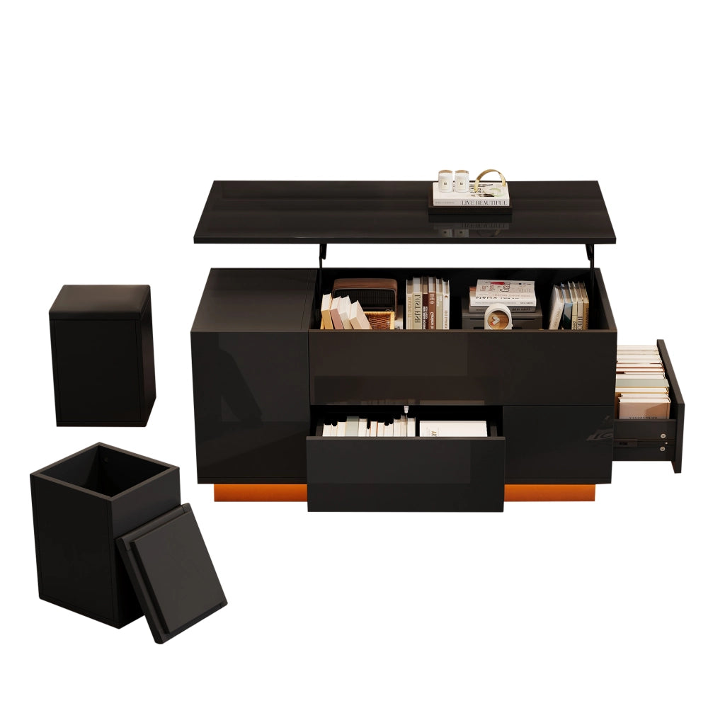 OKWISH Tavolino da Salotto Alzabile con 2 Cassetti, LED e 2 Sgabelli Contenitore, per Soggiorno, 100 x 50 x 45 cm