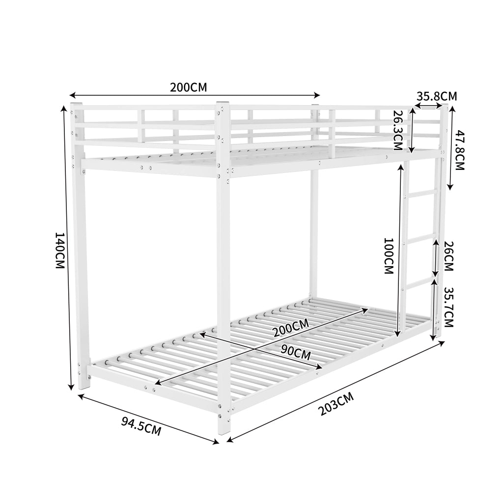 Letto a Castello 90 × 200 cm; Letto Singolo con Sponde di Sicurezza; Struttura in Metallo; senza Materasso; Bianco