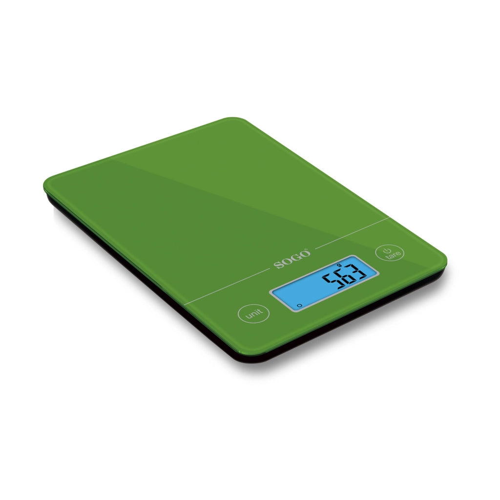Bilancia da cucina digitale 5kg con display LCD retroilluminato, graduazione 1g, funzioni tara e zero, corpo in vetro colorato - SOGO