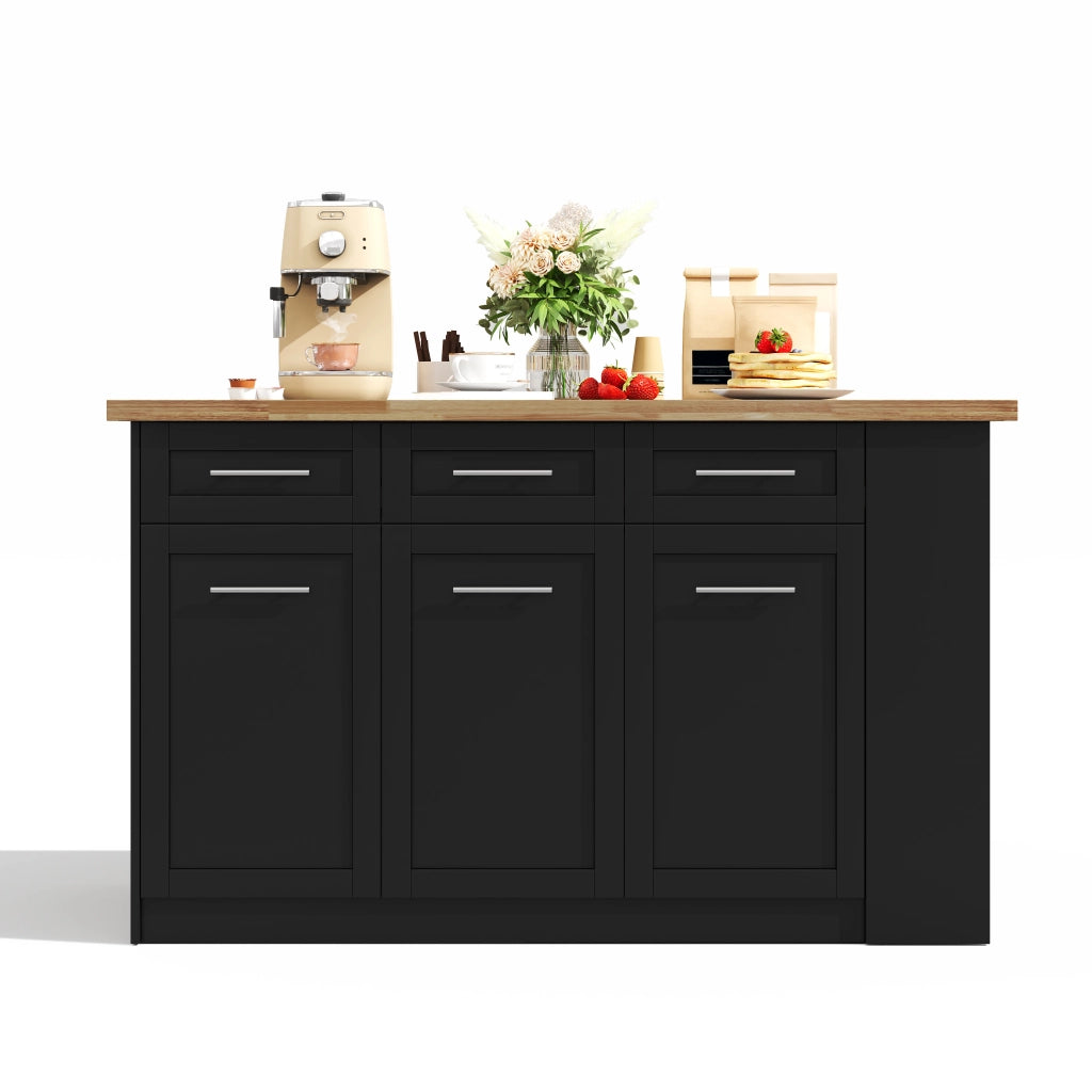 Isola da Cucina 150/246x90x90 cm Nera e Legno Naturale con Tavolo Estraibile 96 cm; 6 Cassetti e Ripiani