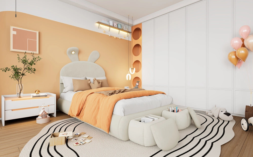 DESMIU Letto per bambini 1 posto con LED regolabile e 2 pouf contenitore, 90 × 200 cm, senza materasso, beige