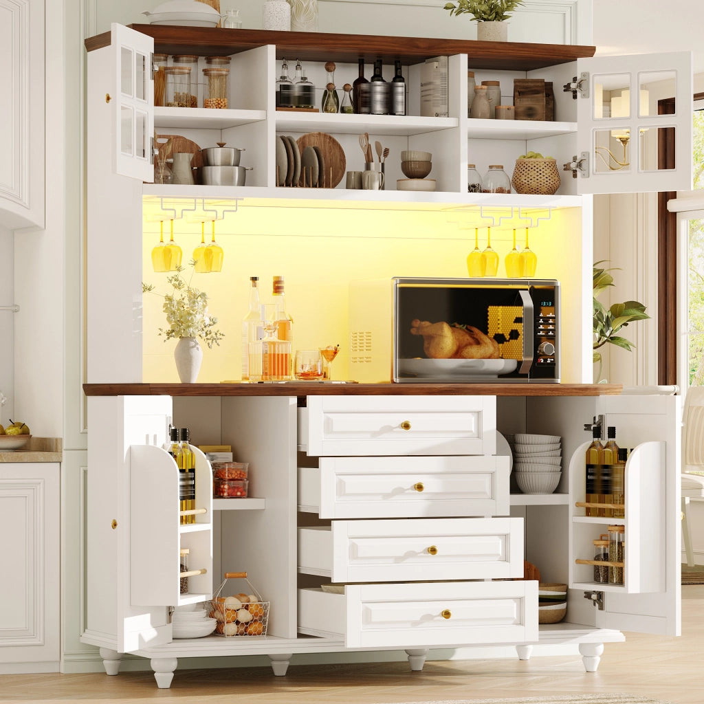 Credenza alta con LED RGB, ripiani regolabili e 4 cassetti, per cucina e soggiorno, in MDF, bianco, 140 × 40 × 179,5 cm