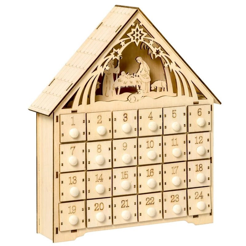CALENDARIO DELL'AVVENTO IN LEGNO CON 24 CASSETTI E PRESEPE INTAGLIATO - 26.6X6X30CM