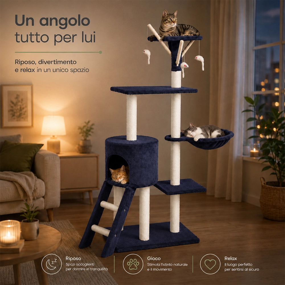 Tiragraffi per Gatti Albero Sisal Parco Giochi Gioco Gatto Tira Graffi Blu Scuro