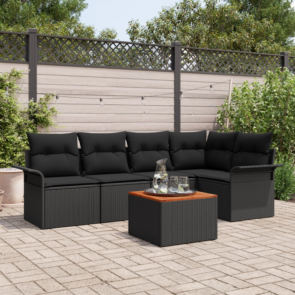 Set di Divani da Giardino 6 Pezzi con Cuscini Nero Polyrattan Acacia