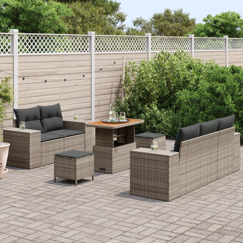 Set di divano da giardino 8 pezzi con cuscini grigi in polirattan di acacia