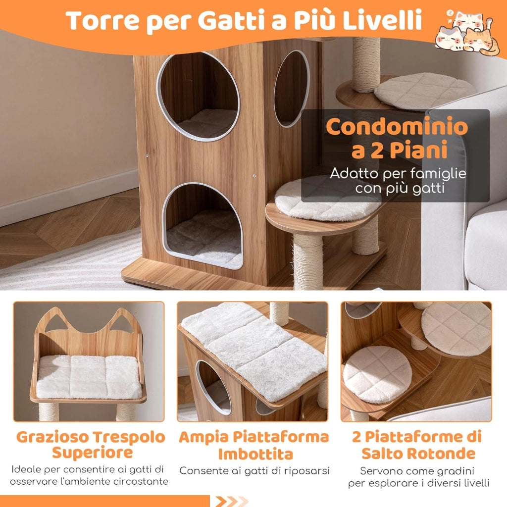 Albero per Gatti in Legno, Tiragraffi per Gatti per Interno con Condominio a 2 Piani, Piattaforma Superiore a Forma di Testa di Gatto, Posti per Grattare in Sisal e 3 Piattaforme con Cuscini