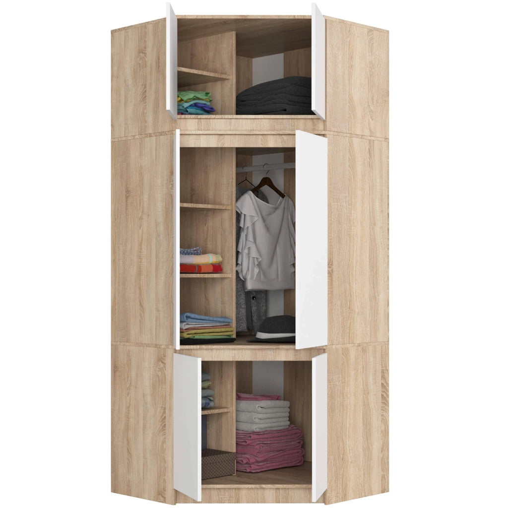 Armadio ad angolo AKORD S100 con sopralzo Sonoma Quercia 100 cm 4 ante inserto frontale Bianco 100x50x235 cm