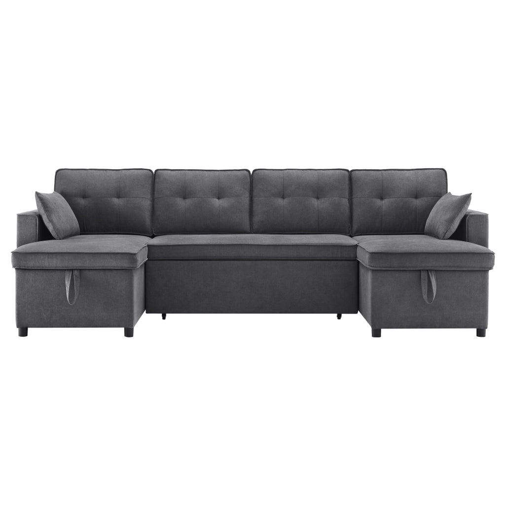 Divano letto U, trasformabile, in tessuto cotone e lino, con contenitori laterali, portabicchieri e 2 cuscini, grigio