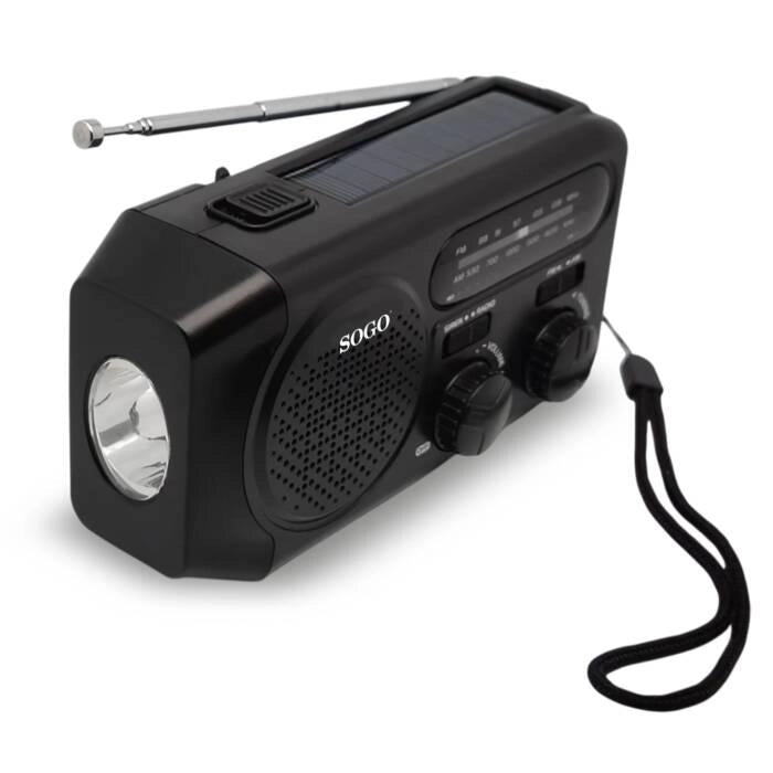 Radio portatile AM/FM con ricarica solare e dinamo, batteria 2000mAh, torcia LED di emergenza, caricabatterie USB - SOGO