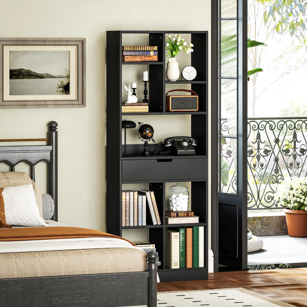 Libreria Moderna in Legno con Cassetto Centrale e Kit Antiribaltamento. 60x26x158 cm. Nero
