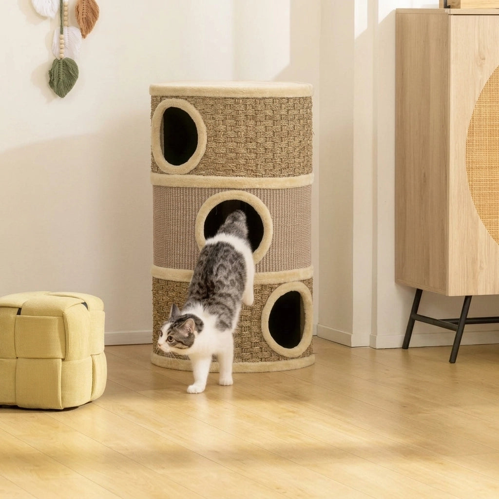 Tiragraffi a Botte a Tre Piani in Peluche e Sisal per Gatti Grandi; Ø45x79 cm; Cachi e Marrone