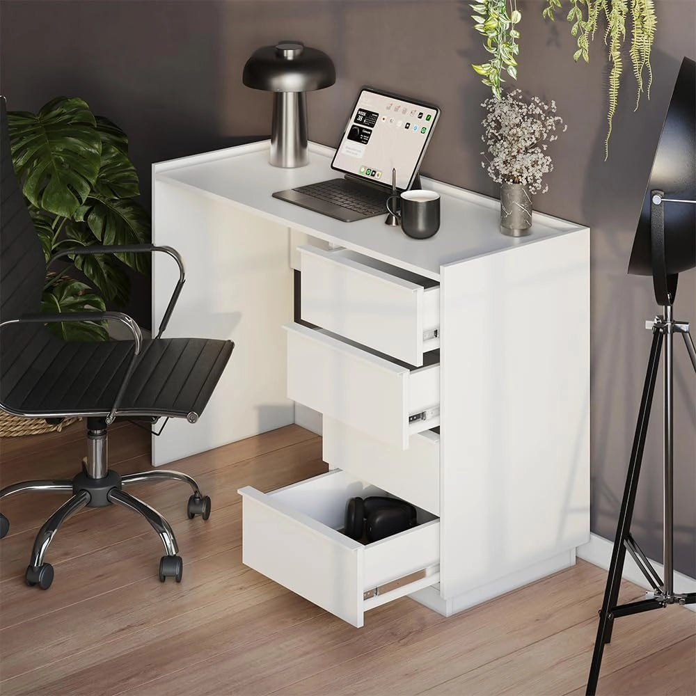 Scrivania Viktoria, Bianco, 110 x 45 cm con 4 cassetti, adatto come postazione di lavoro per smart working e studio
