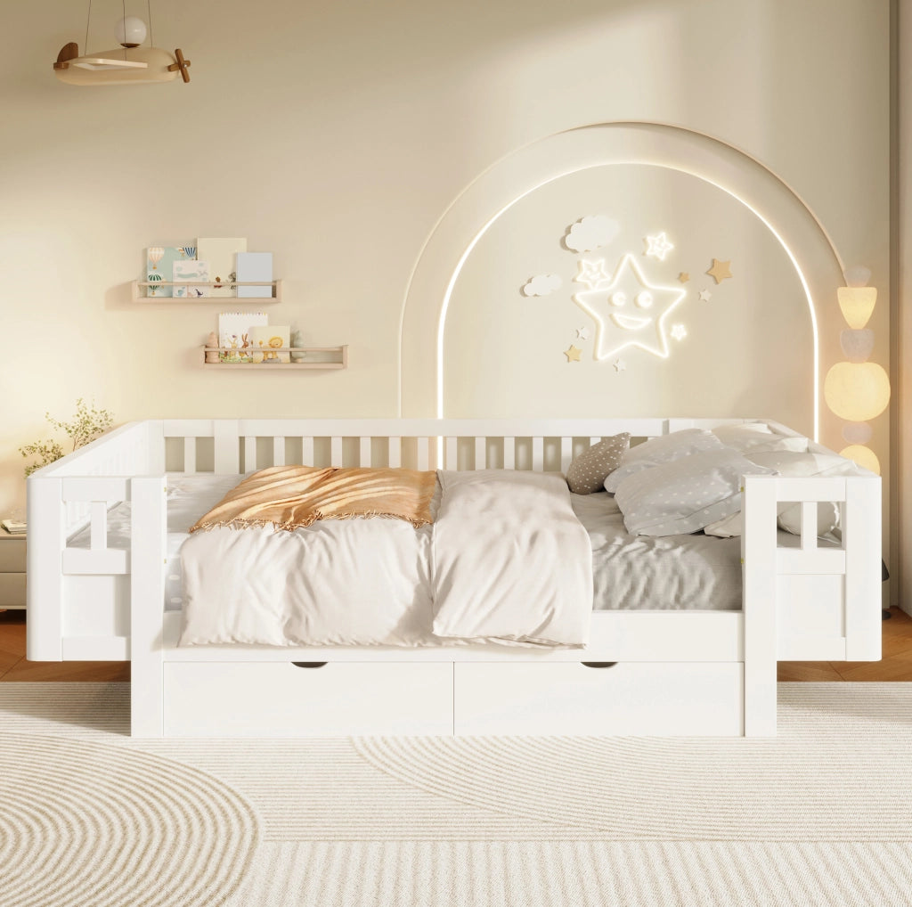 Letto per bambini con barriera alta e 2 cassetti, bianco