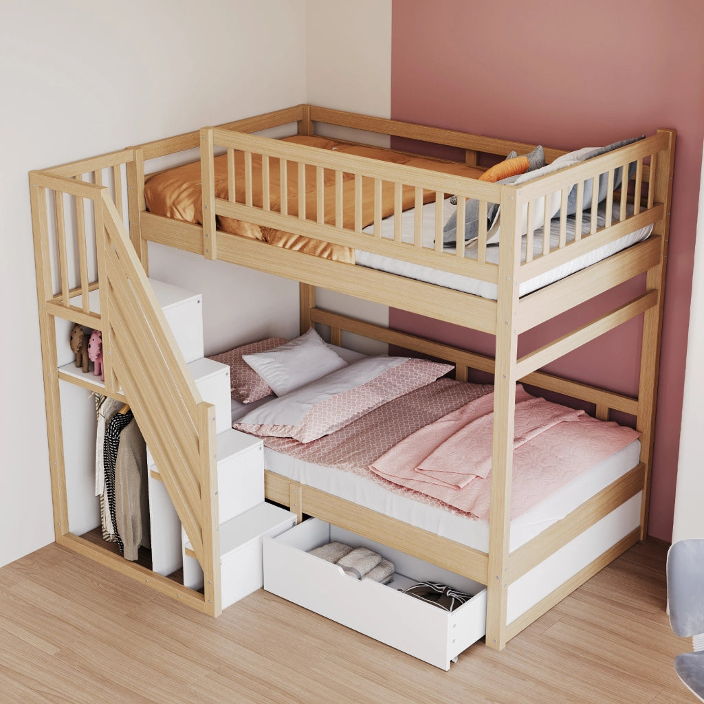 OKWISH Letto a Castello 90×200 cm, Letto 2 Posti con Scala Contenitore, 1 Cassetto e Sponde Alte, senza Materasso, Legno