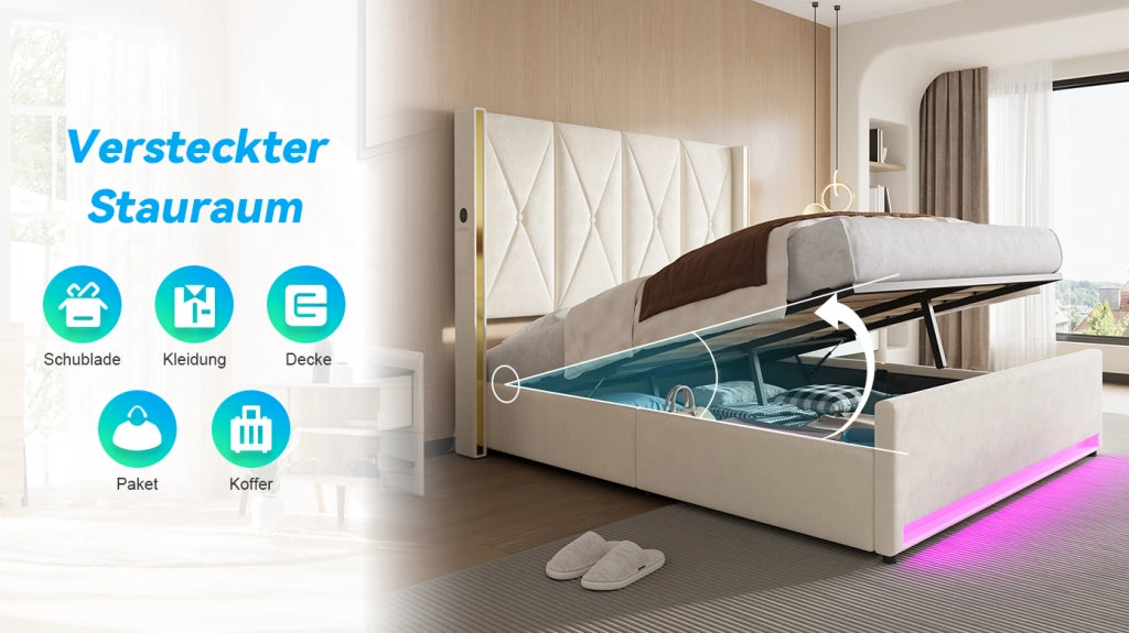 DESMIU Letto contenitore 160 × 200 cm 2 posti con USB e Type-C, LED regolabile, senza materasso, in velluto, beige