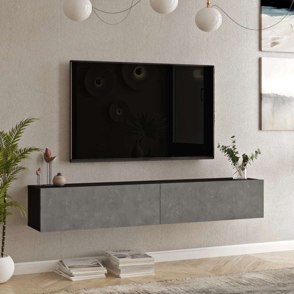 Mobile Porta TV Lapinlahti con 2 Ante a Ribalta Consolle da Parete 180 cm - Nero / Effetto Cemento [en.casa]