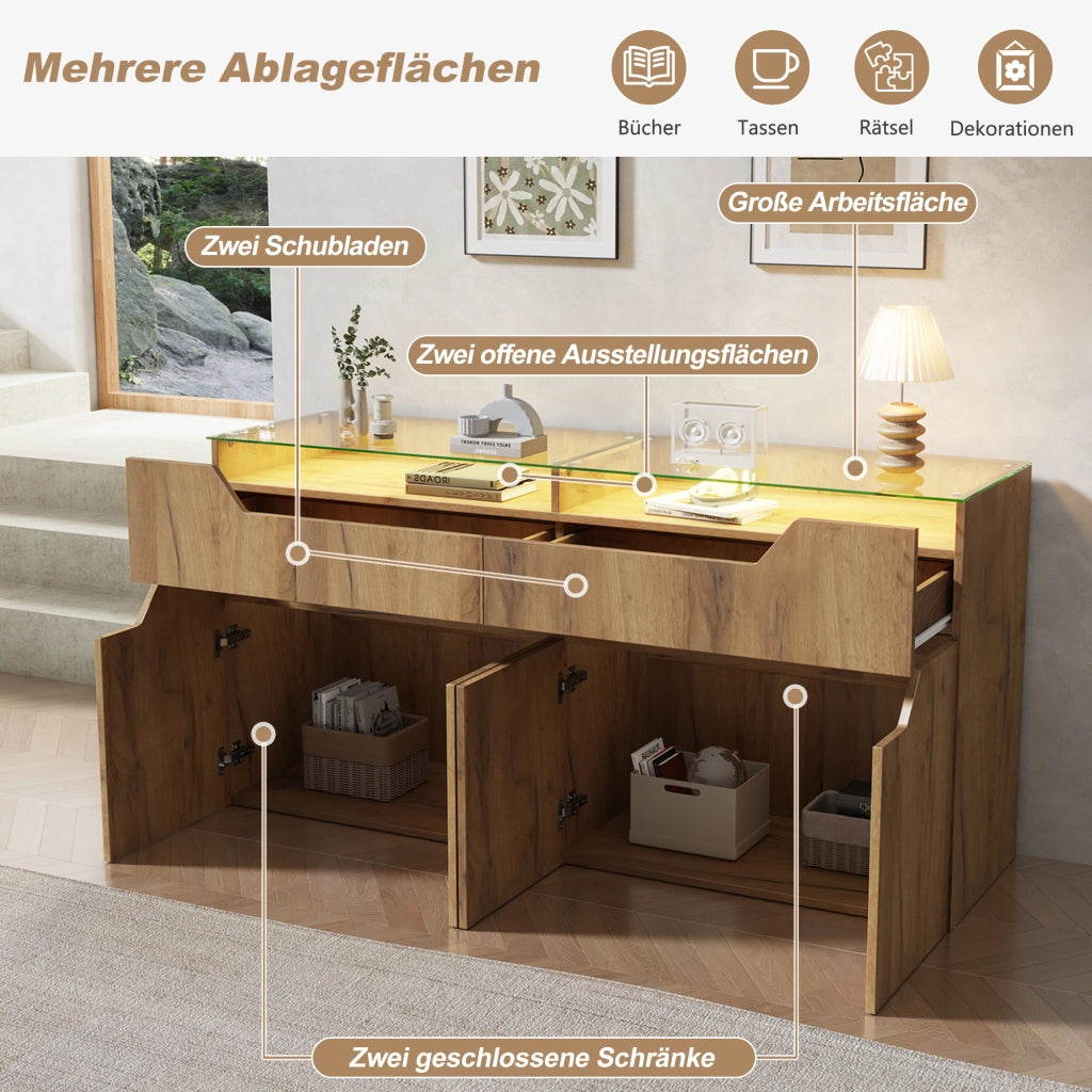 Credenza e madia con piano in vetro temperato, 2 cassetti e ante, per soggiorno, in MDF, naturale, 140 × 40 × 70 cm