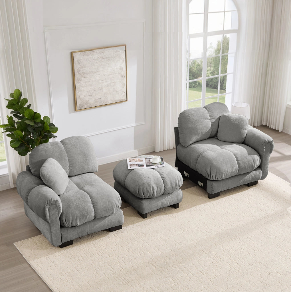 Divano modulare angolare 2 posti con pouf mobile 190x149x90 cm in chenille grigio chiaro