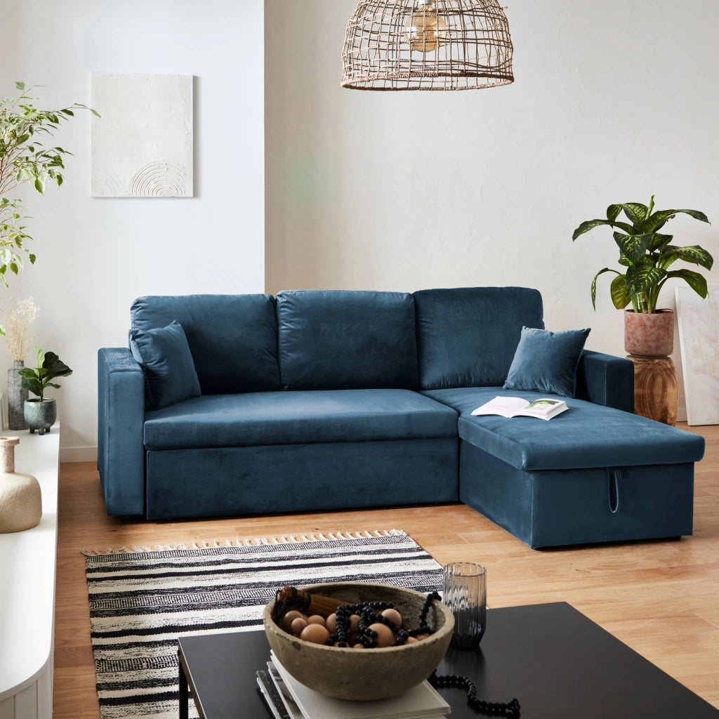 Divano letto angolare reversibile in velluto, 3 posti, blu
