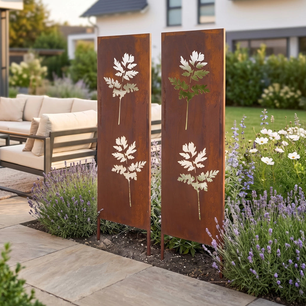 Set di 2 Pannelli Divisori Irsina Frangivista con Motivo Foglie 160x50 cm Acciaio Corten - Marrone Ossidato casa.pro