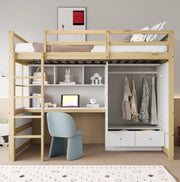 Letto a soppalco 90x200 cm con scrivania, armadio e cassetti