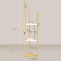 Albero Appendiabiti da Terra 45x45x170 cm con 8 Ganci e 3 Ripiani in Bambù Naturale e Bianco