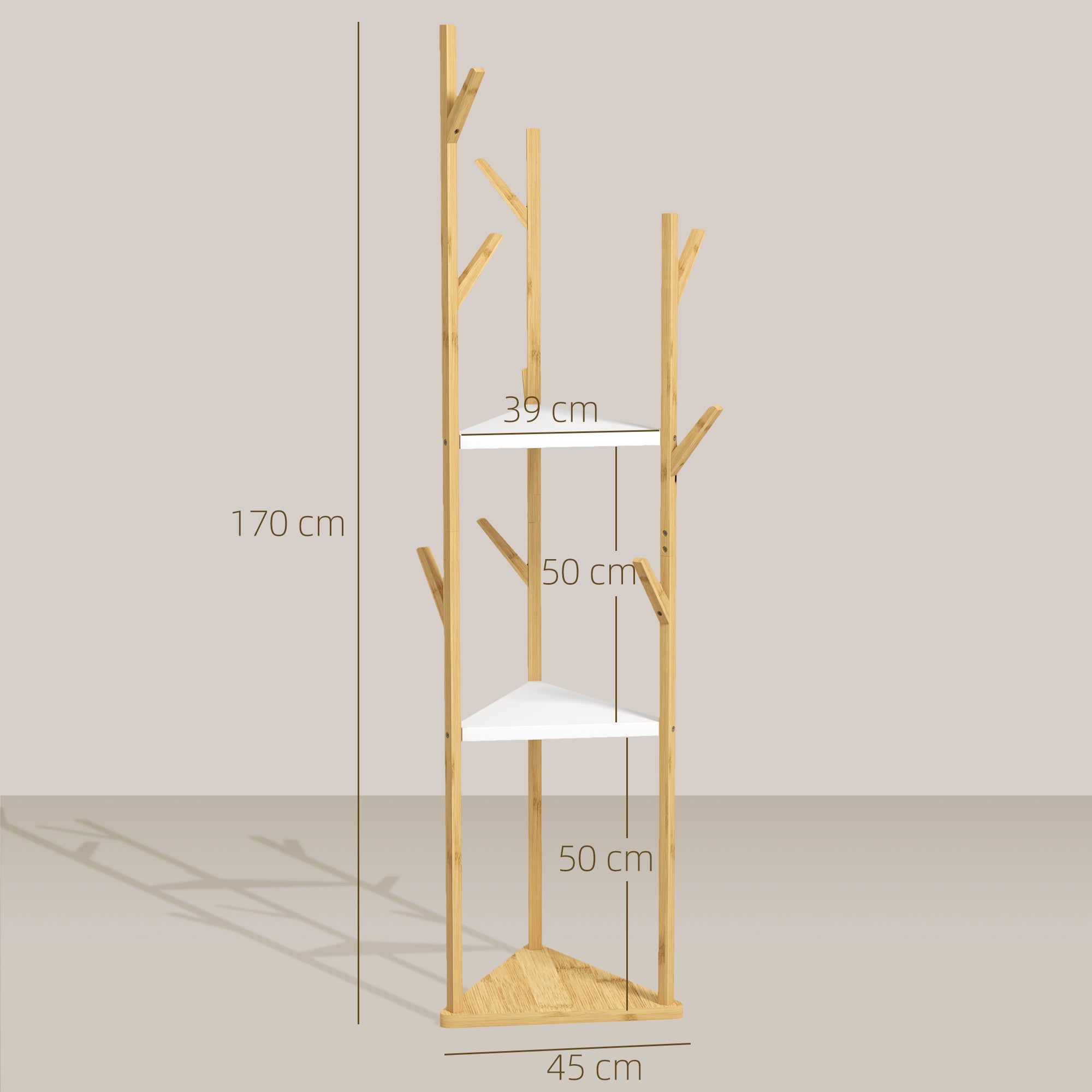 Albero Appendiabiti da Terra 45x45x170 cm con 8 Ganci e 3 Ripiani in Bambù Naturale e Bianco