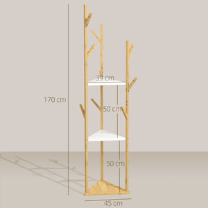Albero Appendiabiti da Terra 45x45x170 cm con 8 Ganci e 3 Ripiani in Bambù Naturale e Bianco