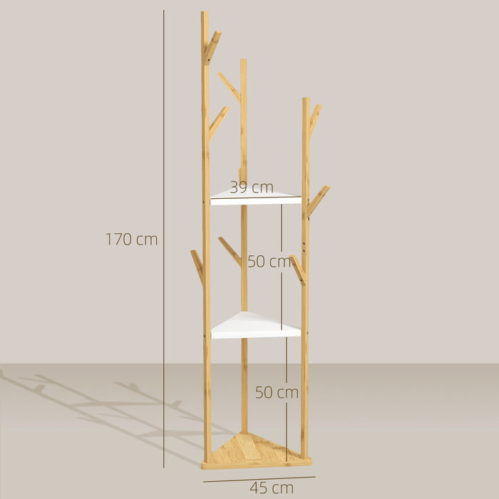 Albero Appendiabiti da Terra 45x45x170 cm con 8 Ganci e 3 Ripiani in Bambù Naturale e Bianco