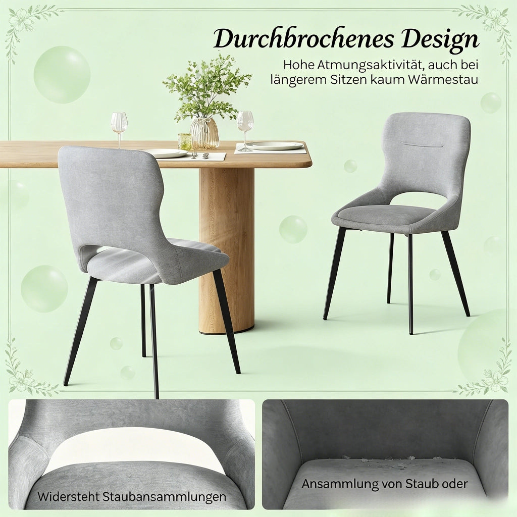 Sedia da Pranzo Set da 2 con Schienale Ergonomico Traforato e Piedini Regolabili, in Ciniglia Grigia