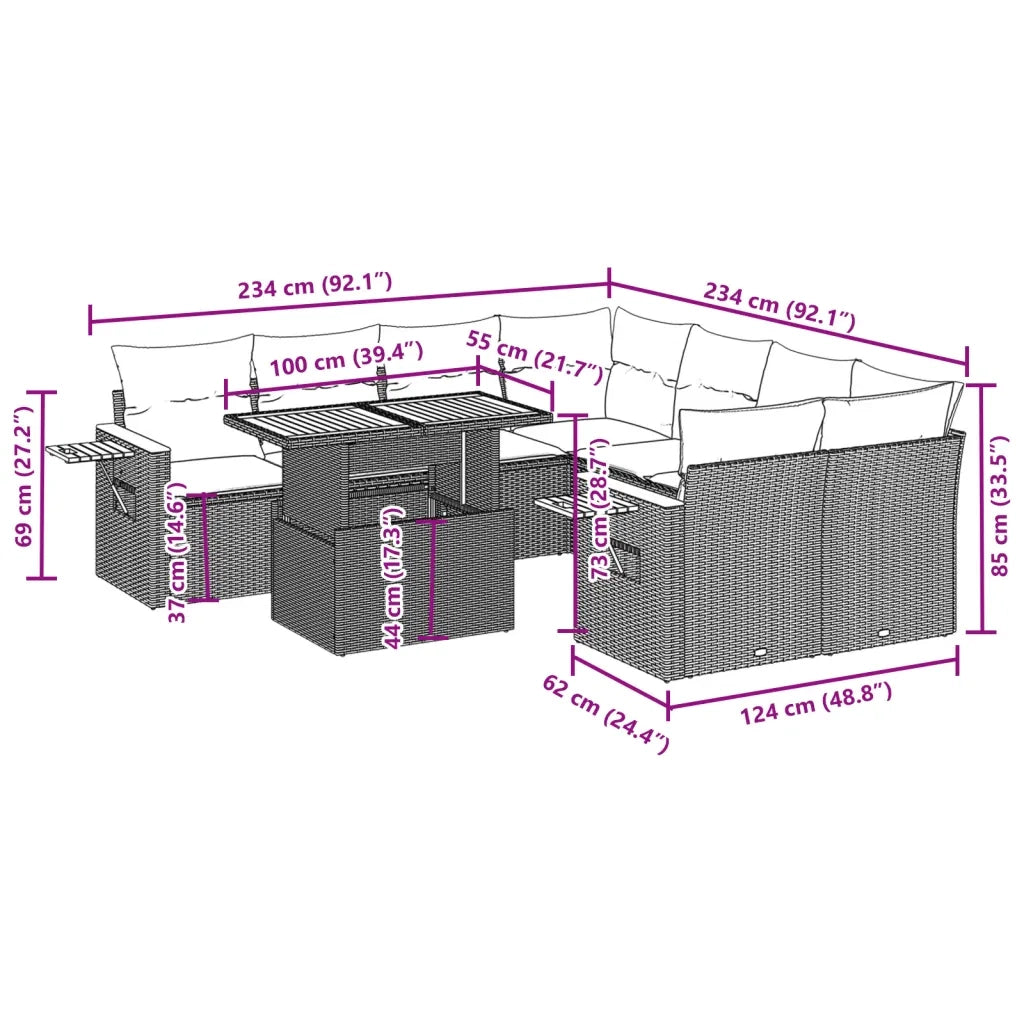 Set Divani da Giardino 9 pz con Cuscini Nero in Polyrattan