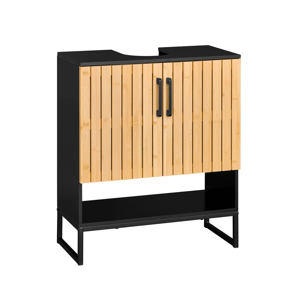 SoBuy Mobile Sottolavabo Bagno 60 cm Mobiletto Salvaspazio con Ante in Bambù e Piedini in Metallo Armadietto Moderno Sotto Lavabo per Bagno Piccolo BZR202-SCH