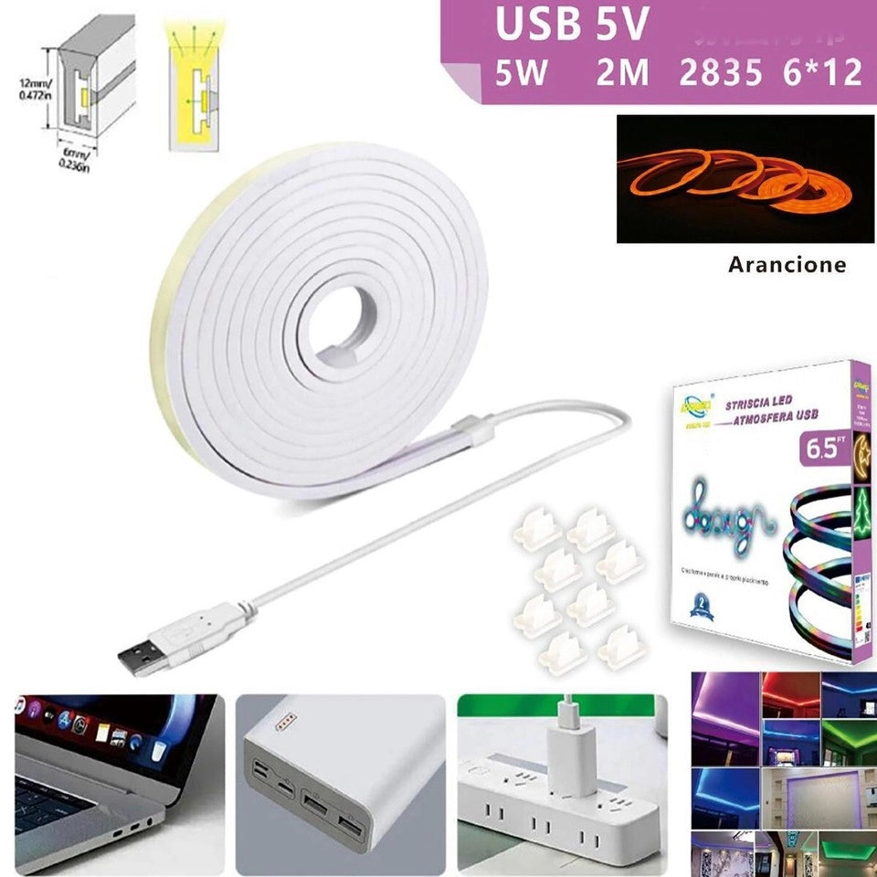 STRISCIA LED FLESSIBILE PER GANCI BINARIO SOFFITTO SCRITTA USB LUCE ARANCIONE