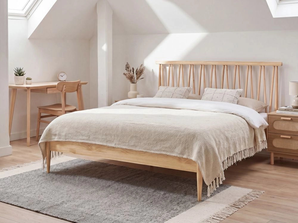 Letto matrimoniale con testiera e struttura in legno di pino con doghe 160x200cm marrone chiaro camera da letto stile moderno