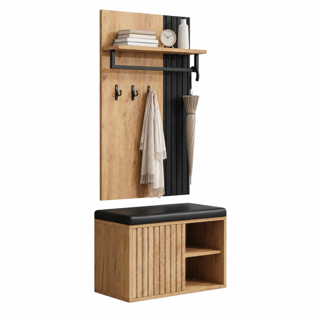 Appendiabiti da ingresso con scarpiera; panca imbottita e 3 ganci; 70 x 36 x 146 cm; nero e naturale
