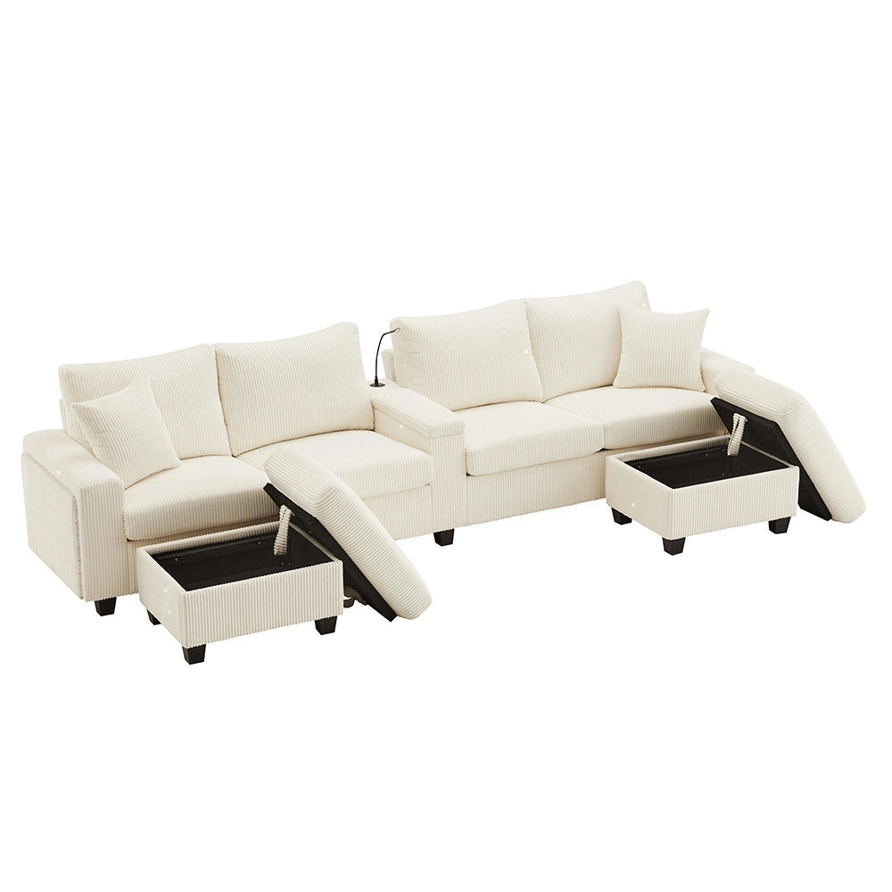 Divano a U in velluto costato - Xylo - 334x128,5x81 cm - Beige - 2 sgabelli, luce LED, porta-bevande, USB/Type-C