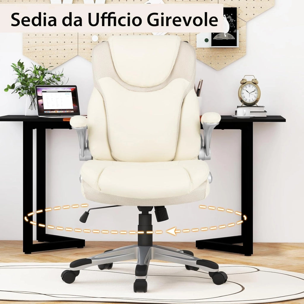 Sedia da Ufficio Girevole, Sedia da Scrivania in Ecopelle con Funzione Dondolo e Altezza Regolabile, Sedia con Ruote per Ufficio e Studio, Carico Massimo 160 kg