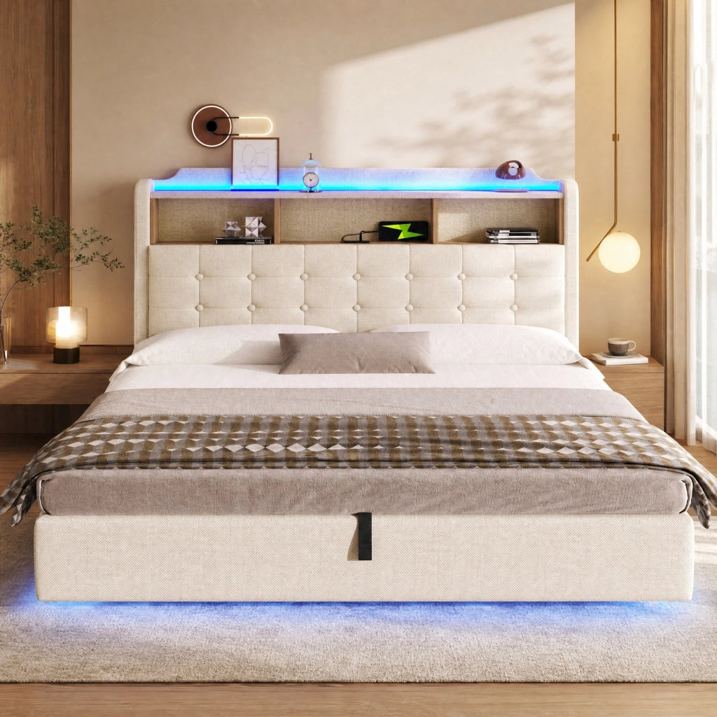 Letto contenitore matrimoniale con LED; USB; type-C e vani 180 × 200 cm; senza materasso; beige