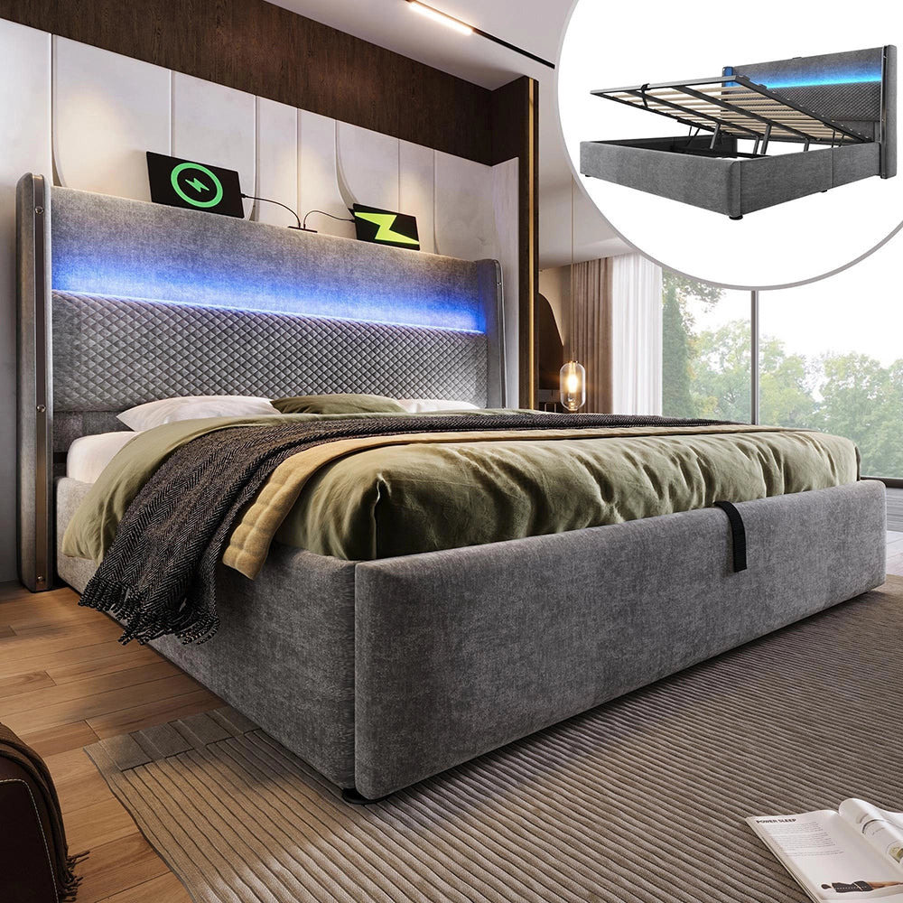 Letto 180x200cm?- Xylo - idraulico LED USB lino grigio