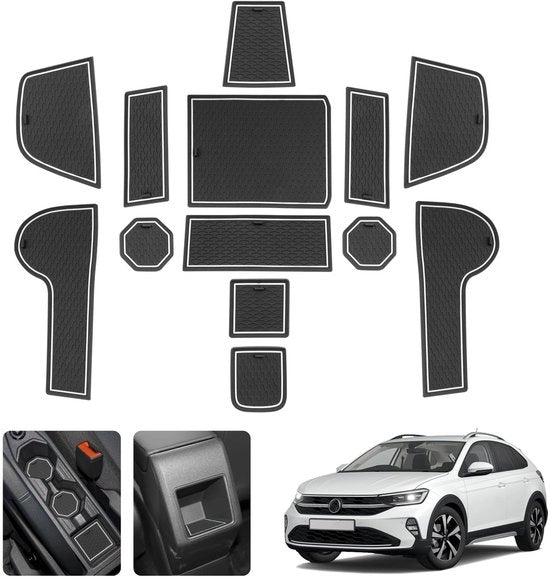 Materassino antiscivolo in gomma per VW Taigo/Nivus 2021-2024 2025, materassino antiscivolo per console centrale, protezione contro la polvere e contenitore per bicchieri, materassino per porte in gomma, accessori interni per Taigo 2023 (bianco)